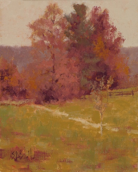 Oil painting of trees and pond at Weatherlea Farm.